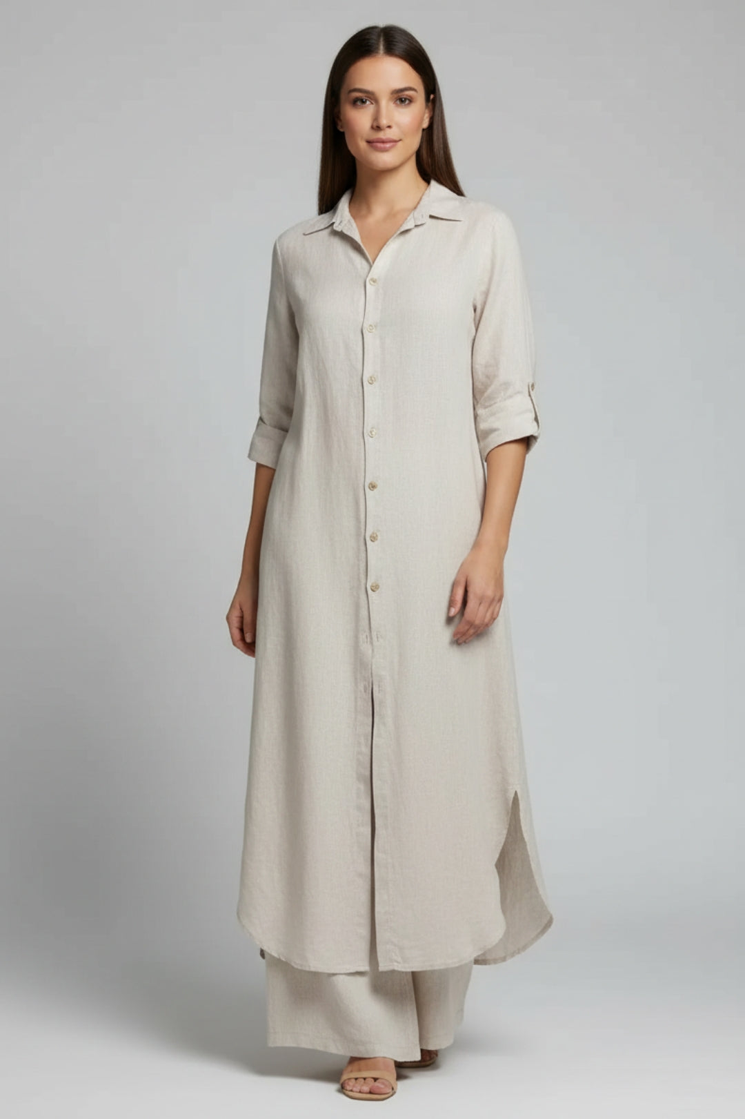 Women's Linen-Look Two-Piece Set | Long Shirt Dress & Matching Pants