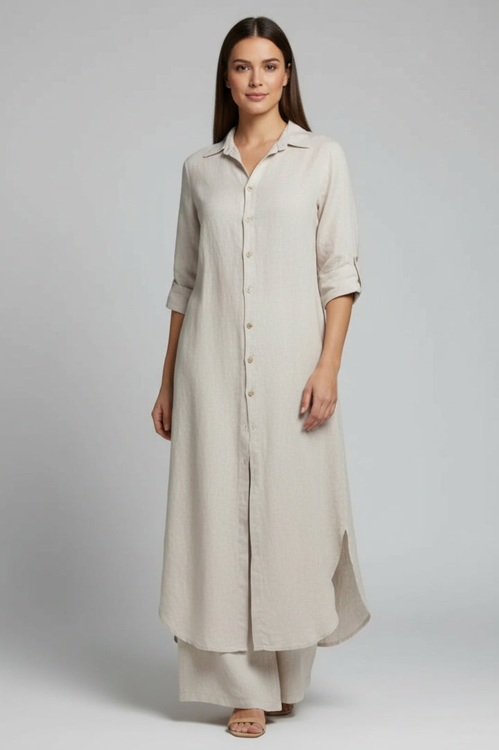 Women's Linen-Look Two-Piece Set | Long Shirt Dress & Matching Pants