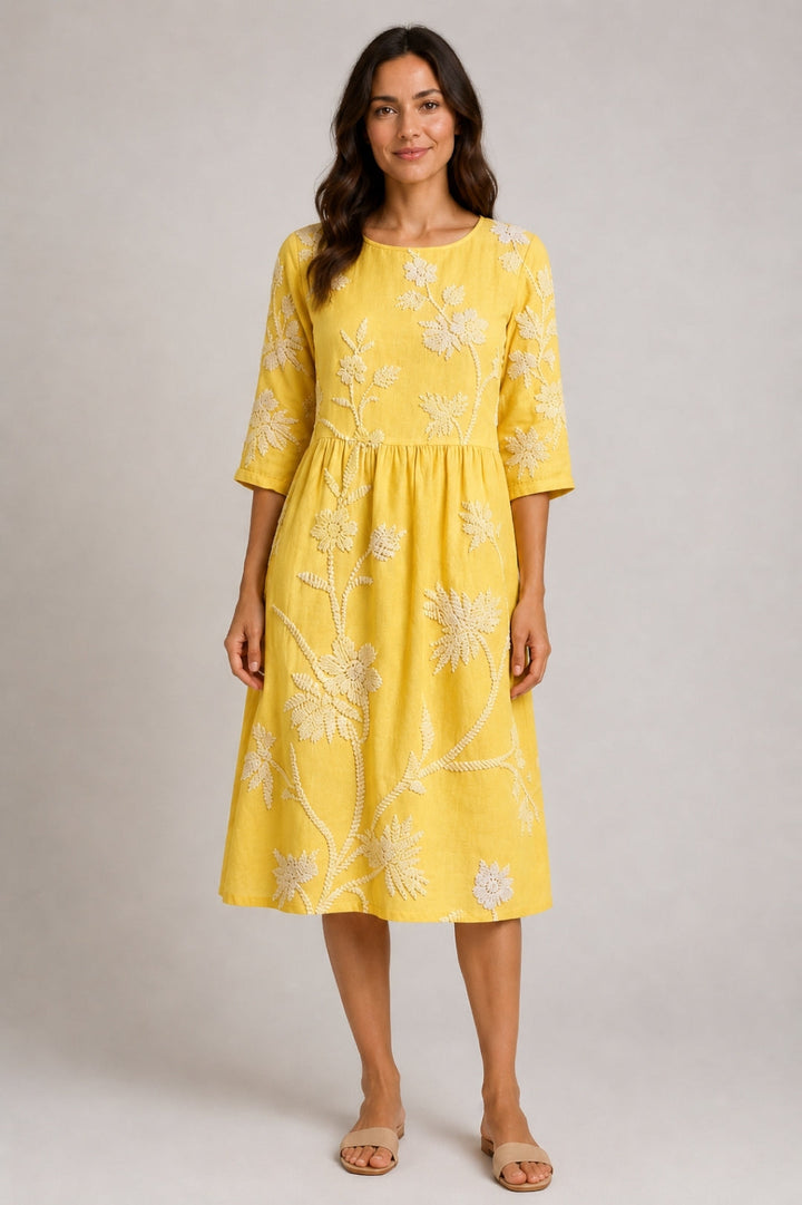 Linen Midi Dress Women Boho – Floral Embroidery & Ruched Waist