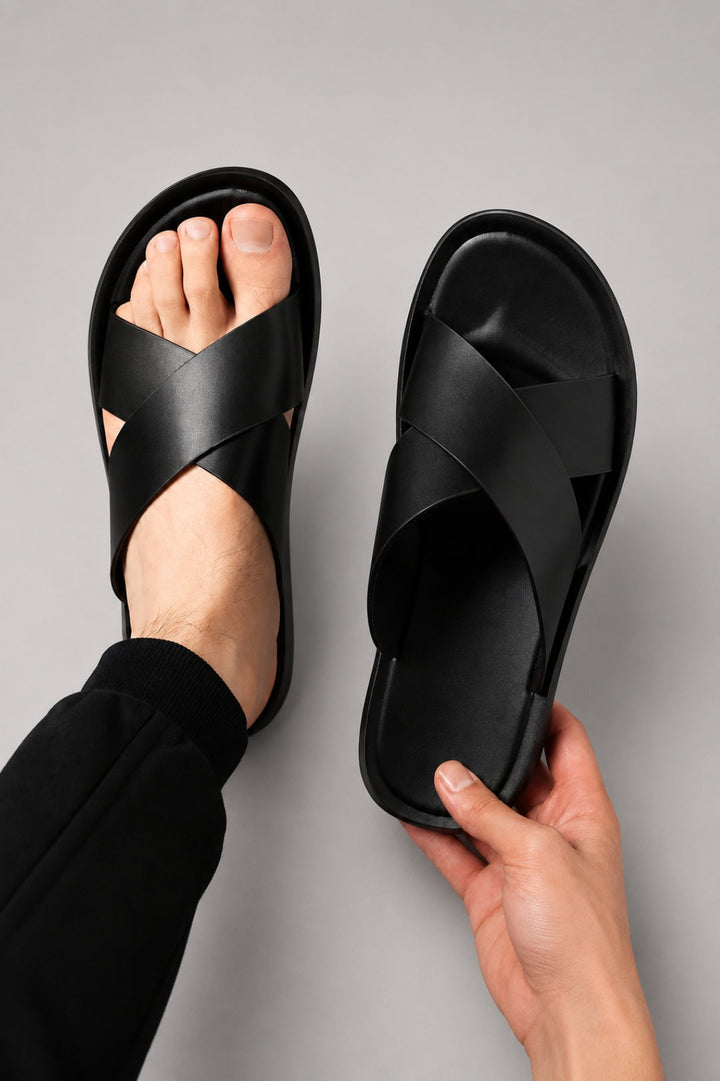 Men's Slippers | Open-Toe with Cross Straps | PU & Non-Slip Rubber Sole | Lightweight Summer Shoe