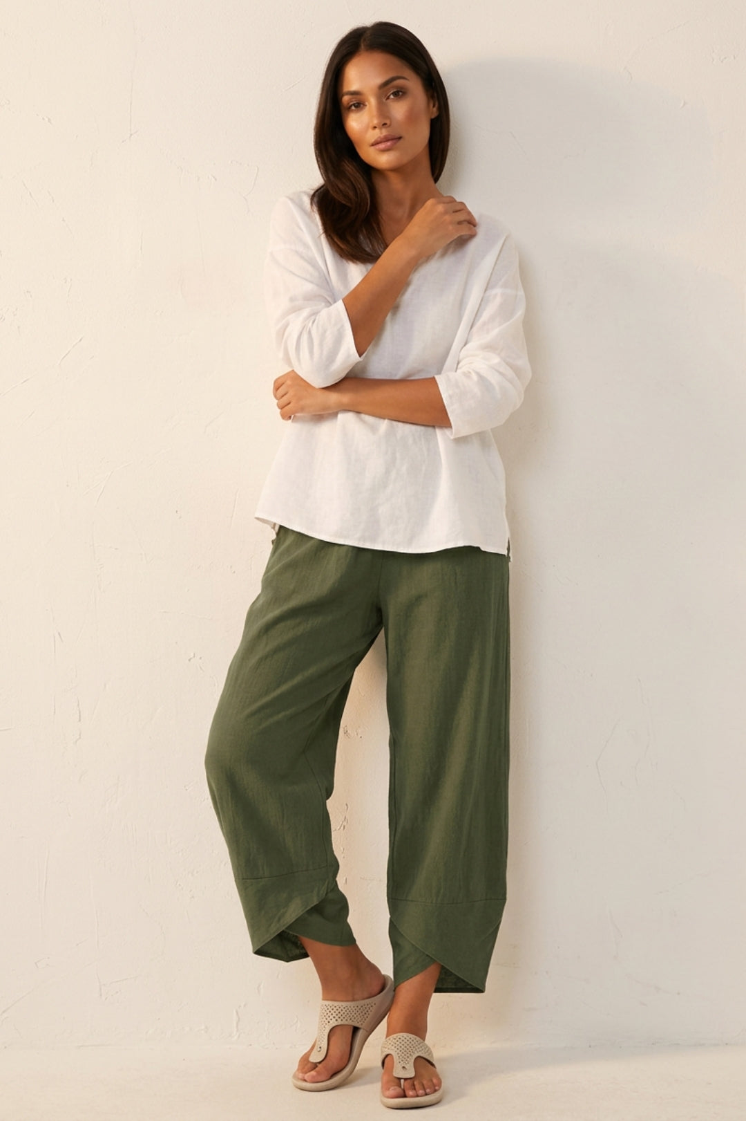 Women's Wide Leg Linen-Look Pants | Elastic Waist, Ankle Length