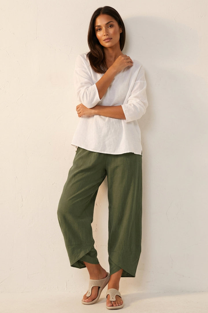 Women's Wide Leg Linen-Look Pants | Elastic Waist, Ankle Length