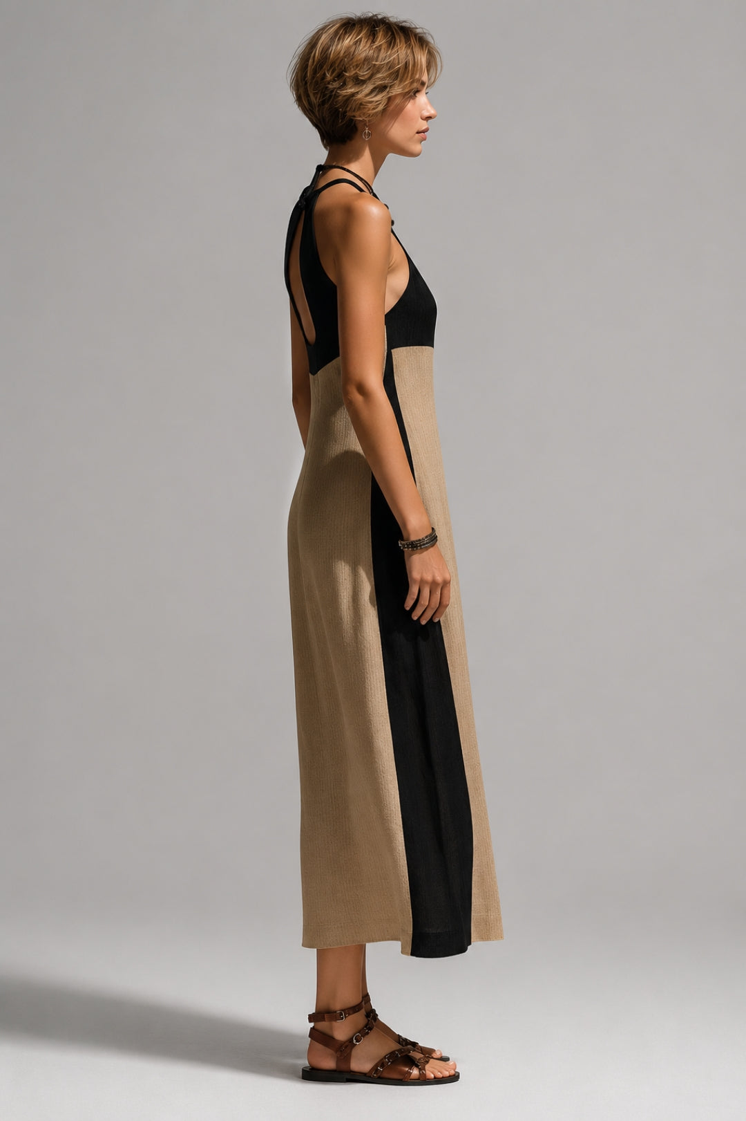 Women's Bodycon Maxi Dress | Halter Neck, Front Cutout, Linen-Look Contrast