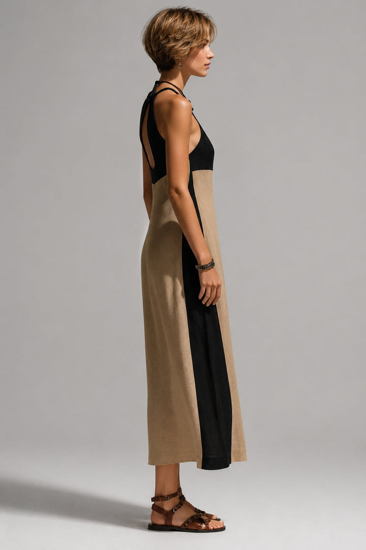 Women's Bodycon Maxi Dress | Halter Neck, Front Cutout, Linen-Look Contrast