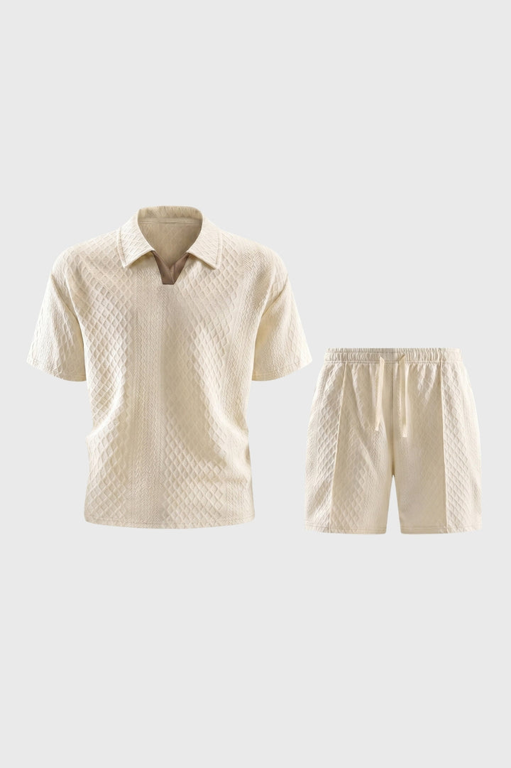 Men's 2 Piece Set - Textured Short Sleeve Polo Shirt & Matching Shorts - Casual Chic Outfit