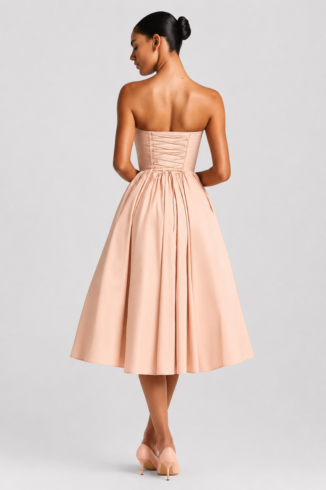 Women's midi dress with a flared cut | Bustier with a bow, strapless, chic style for festive occasions
