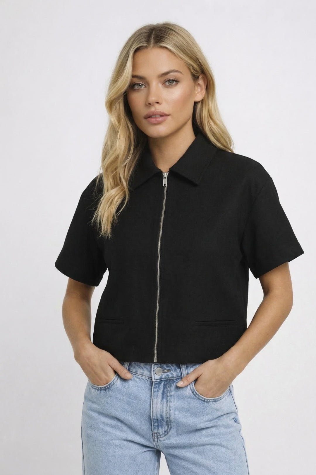 Short Women's Jacket | Front zipper, lapel collar, short sleeves, casual style
