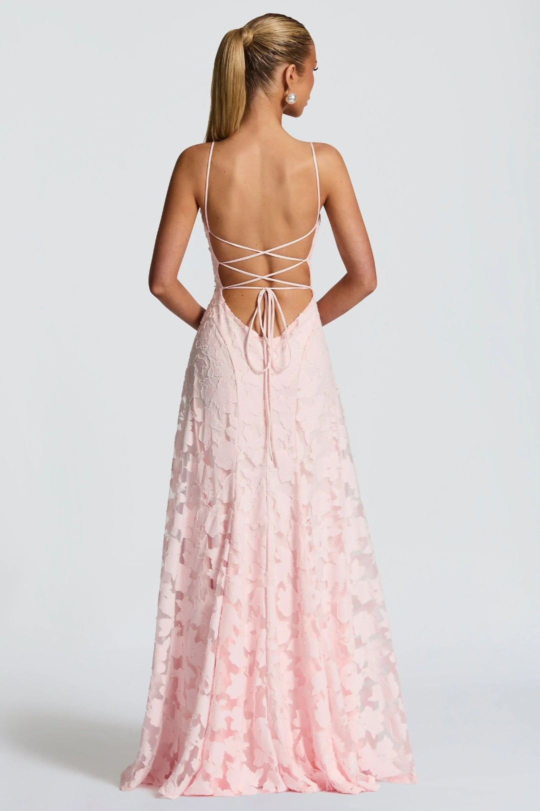 Women's Pink A-Line Maxi Dress | Thin Straps, Floral Appliqué