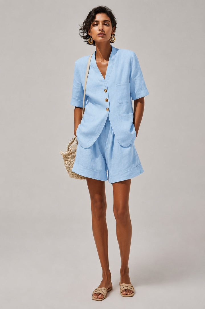 Women's Linen Two-Piece Set – Button-Front Blazer Jacket & High-Waist Shorts, Summer Outfit