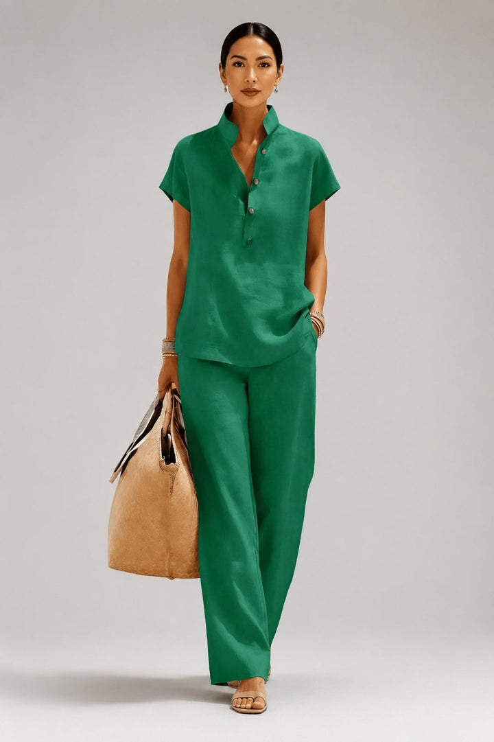 Women's set with a flowing silhouette | Top with a Mao collar, matching pants, chic linen-look fabric