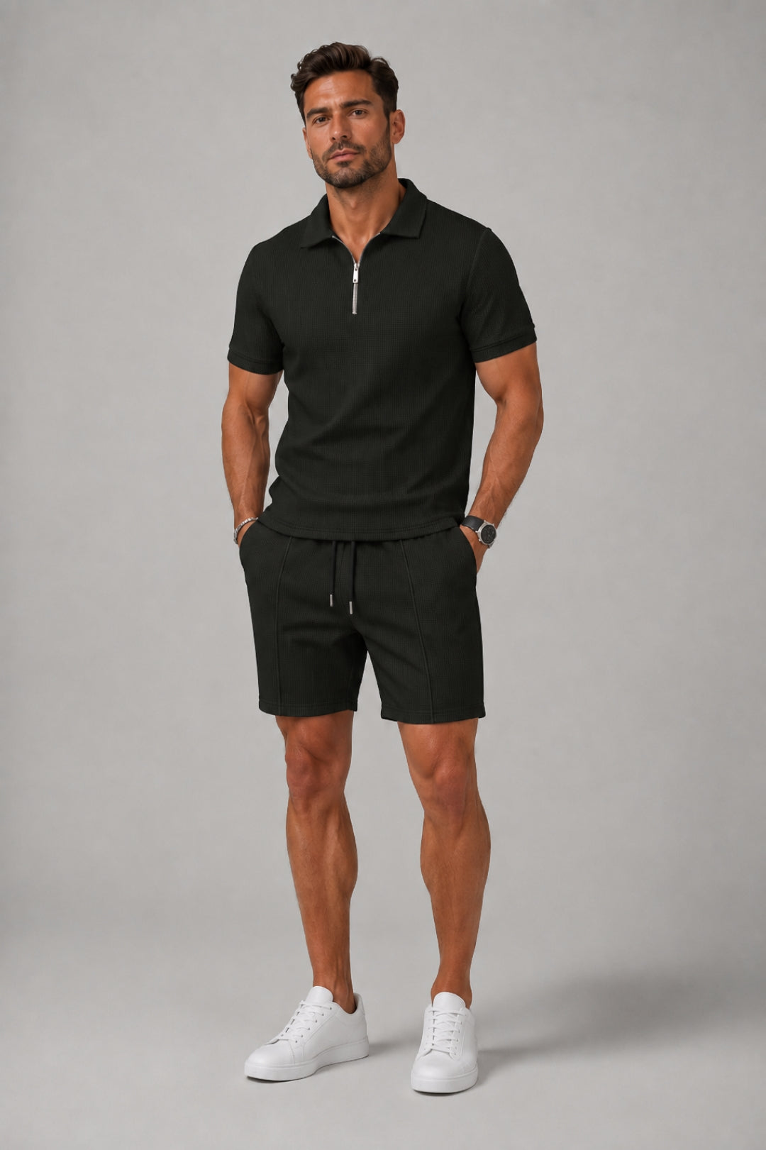 Men's 2 Piece Set - Tailored Fit Zip-Up Polo Shirt & Textured Matching Shorts