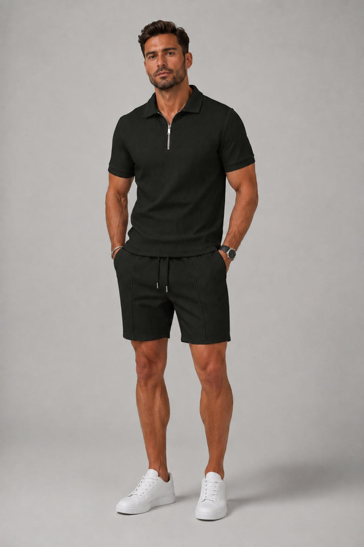 Men's 2 Piece Set - Tailored Fit Zip-Up Polo Shirt & Textured Matching Shorts