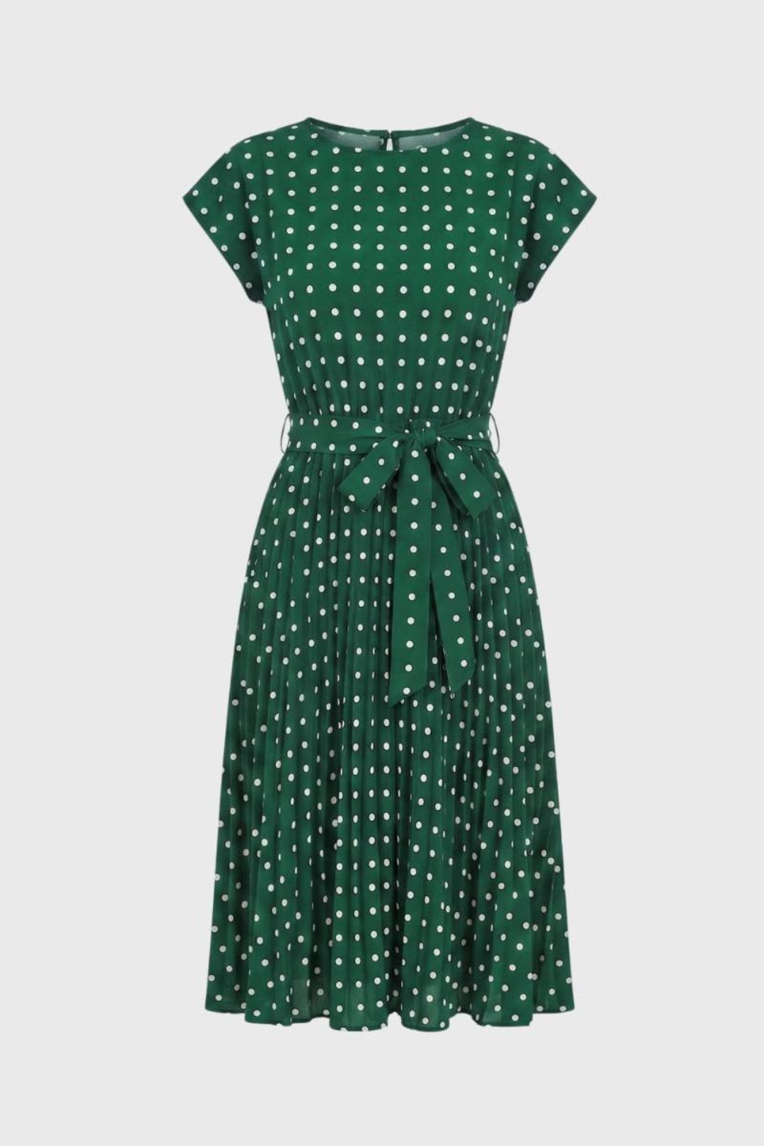 Women's Navy Blue Midi Dress - Polka Dot Print - Elegant Fitted Waist