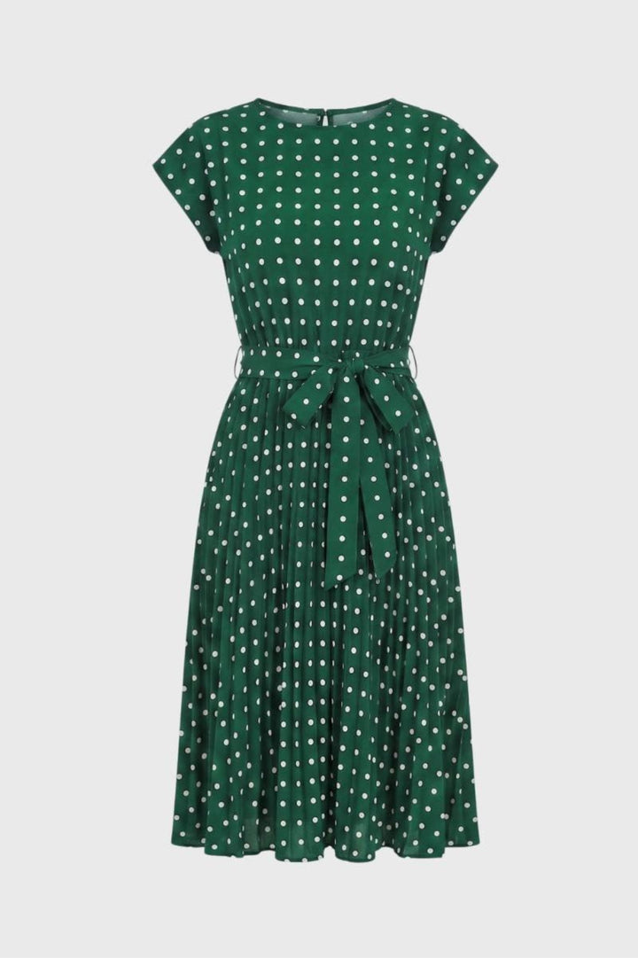 Women's Navy Blue Midi Dress - Polka Dot Print - Elegant Fitted Waist