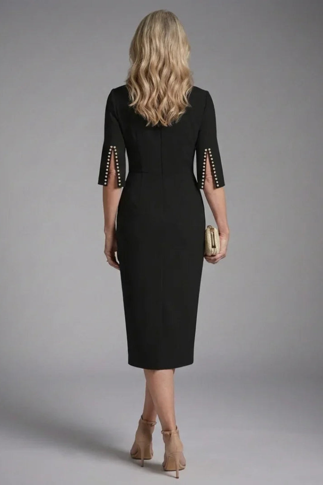 Women's Fitted Wedding Guest Dress - Black Midi with Flared Sleeves & Beaded Detail