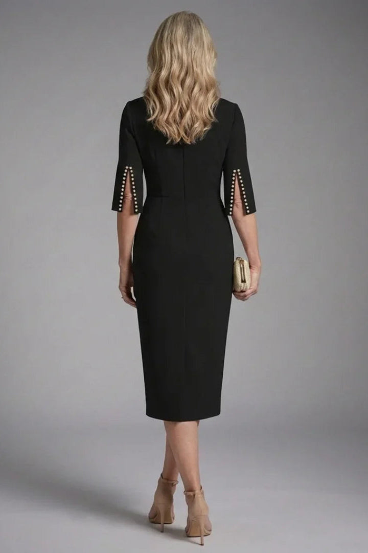 Women's Fitted Wedding Guest Dress - Black Midi with Flared Sleeves & Beaded Detail