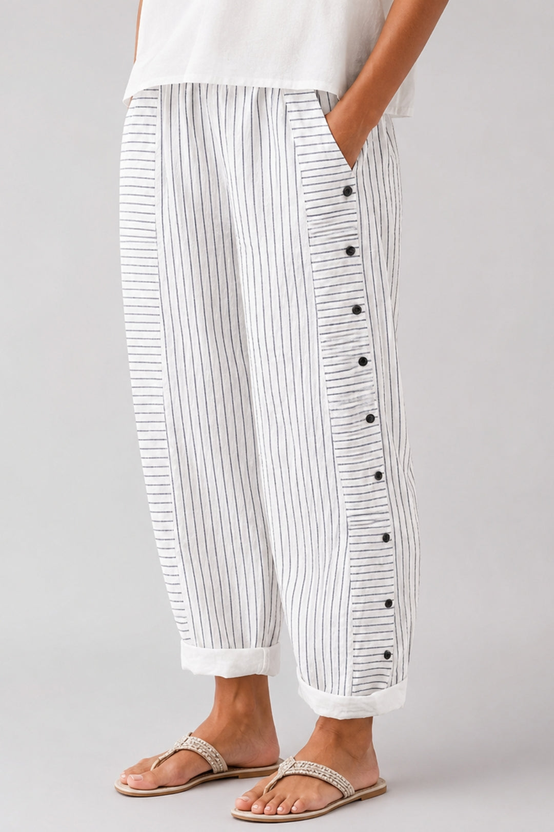 Women's Striped Linen Pants | Flowy Fit, Side Button Detail
