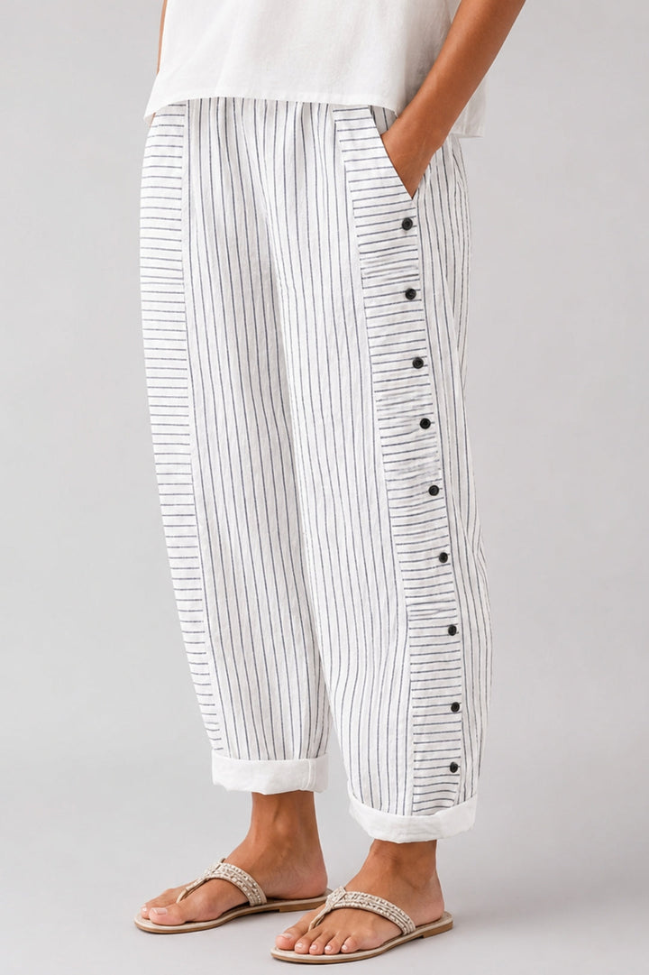 Women's Striped Linen Pants | Flowy Fit, Side Button Detail