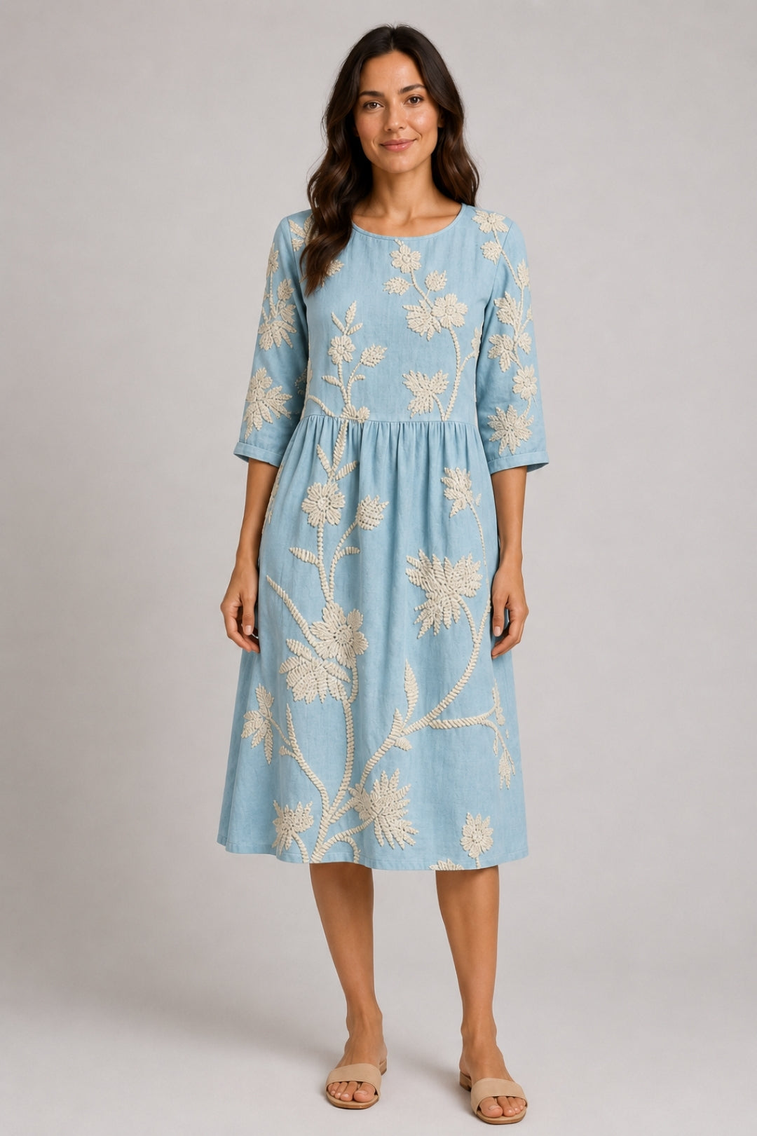 Linen Midi Dress Women Boho – Floral Embroidery & Ruched Waist