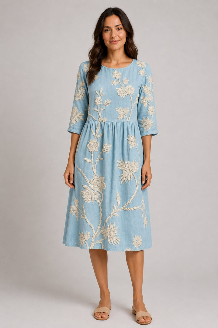 Linen Midi Dress Women Boho – Floral Embroidery & Ruched Waist
