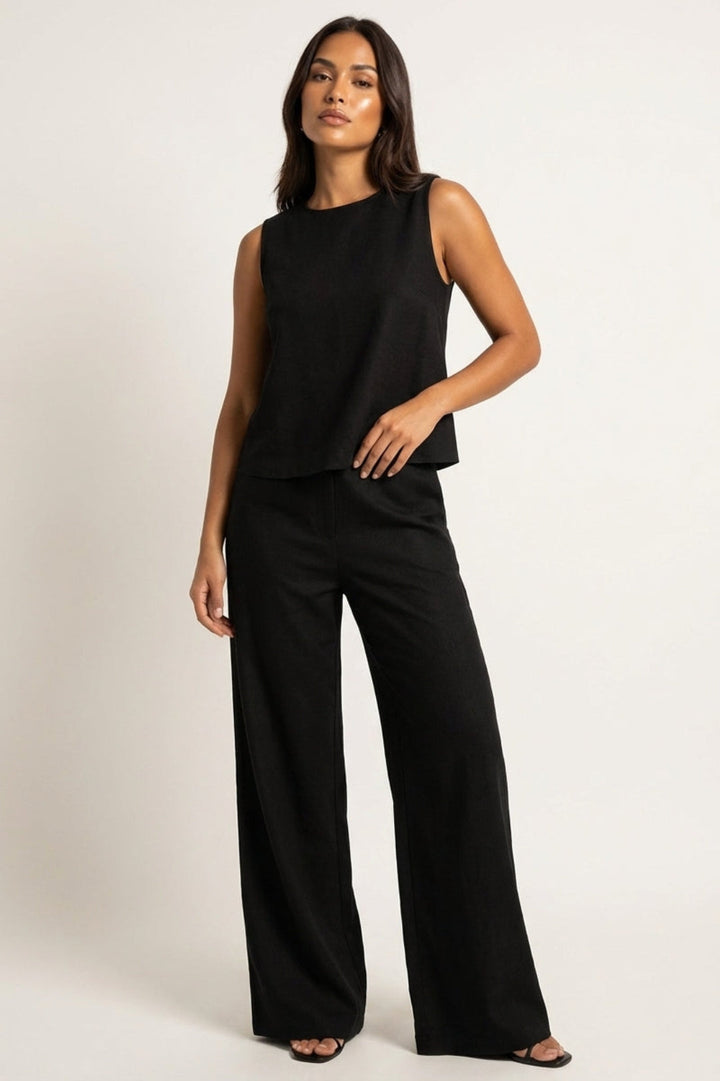 Women's Linen-Look Two-Piece Set | Sleeveless Top & Wide-Leg Pants