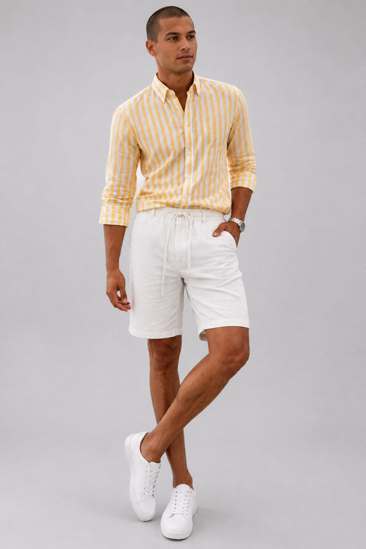 Casual men's shorts with a relaxed fit | Knee-length, adjustable drawstring, linen-look