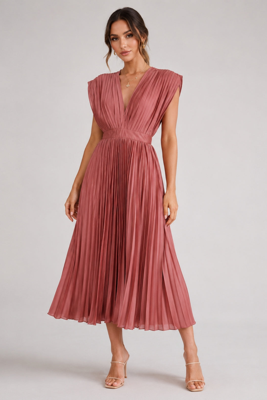 Women's Elegant Pleated Midi Dress | V-Neck, Fit & Flare, Wedding Guest