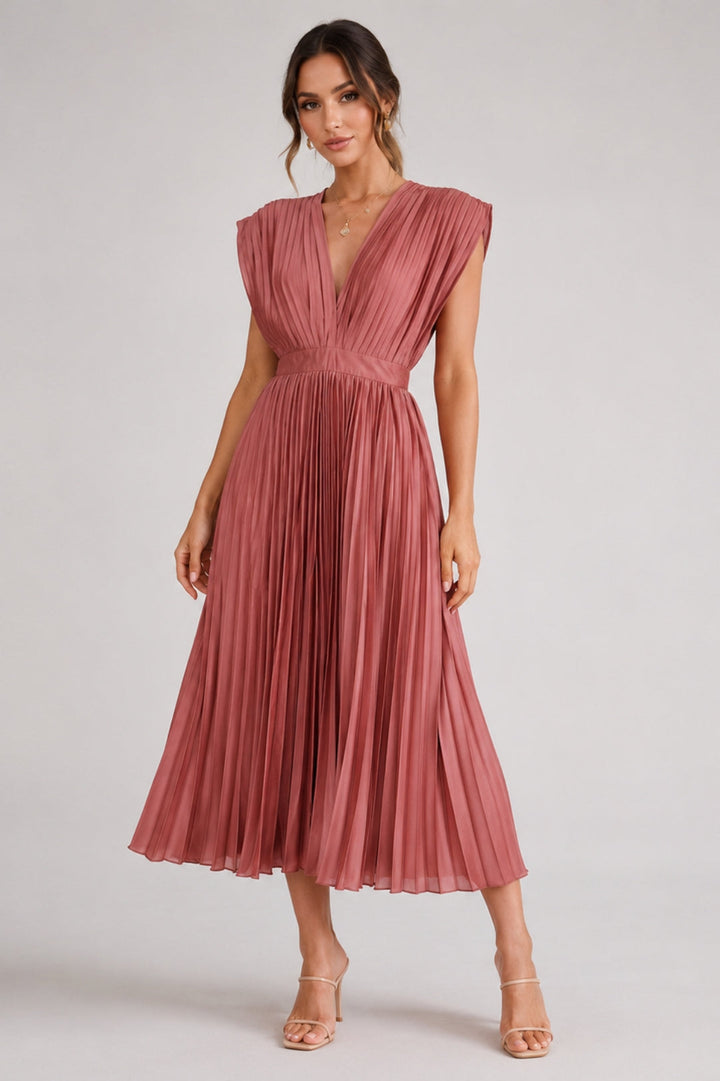Women's Elegant Pleated Midi Dress | V-Neck, Fit & Flare, Wedding Guest