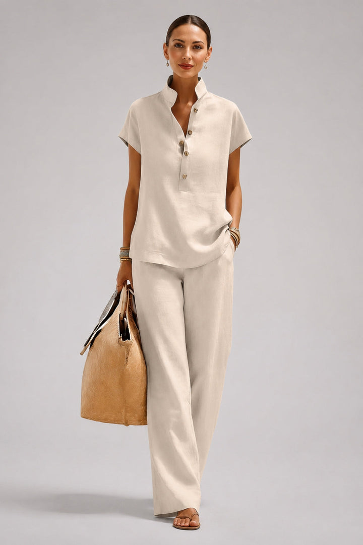 Women's set with a flowing silhouette | Top with a Mao collar, matching pants, chic linen-look fabric