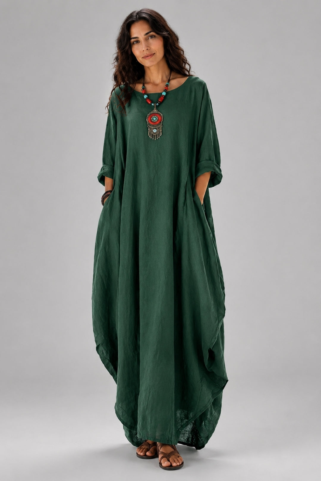 Linen Maxi Dress Women Boho – Batwing Sleeves & Oversized Fit