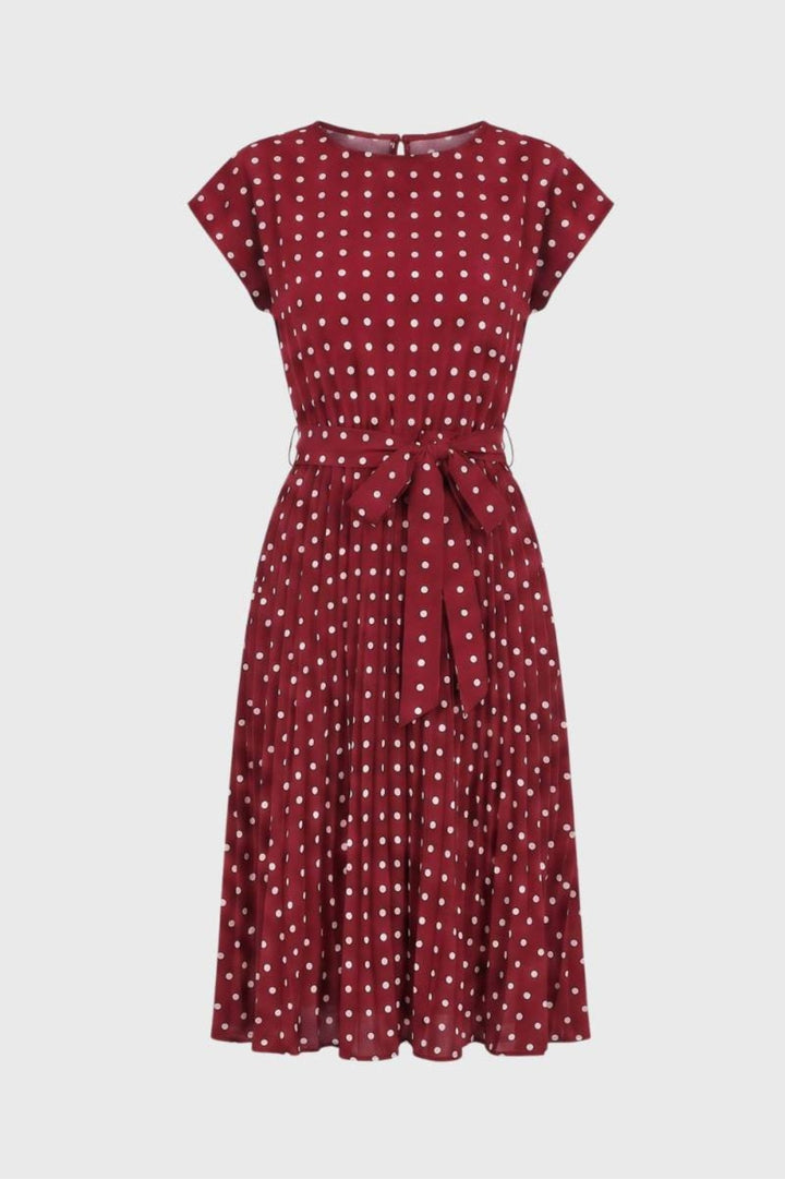 Women's Navy Blue Midi Dress - Polka Dot Print - Elegant Fitted Waist