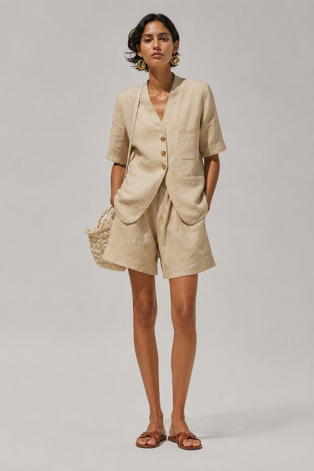 Women's Linen Two-Piece Set – Button-Front Blazer Jacket & High-Waist Shorts, Summer Outfit