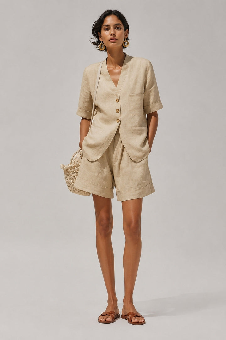 Women's Linen Two-Piece Set – Button-Front Blazer Jacket & High-Waist Shorts, Summer Outfit