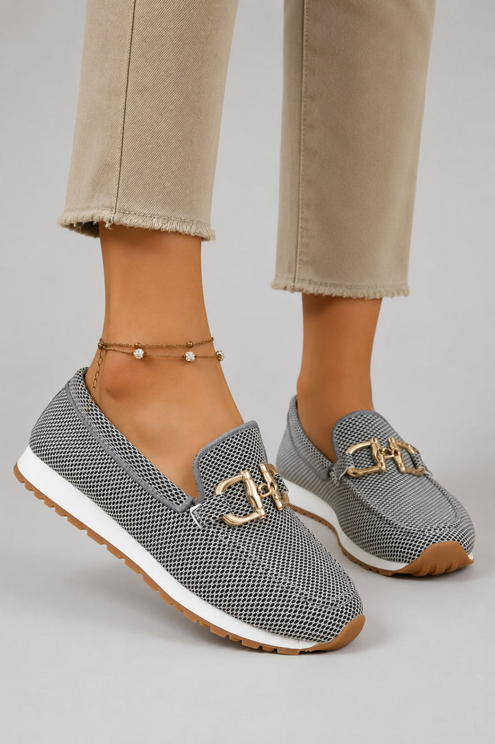 Women's moccasin with a comfortable fit | Gold buckle, platform sole, textured fabric