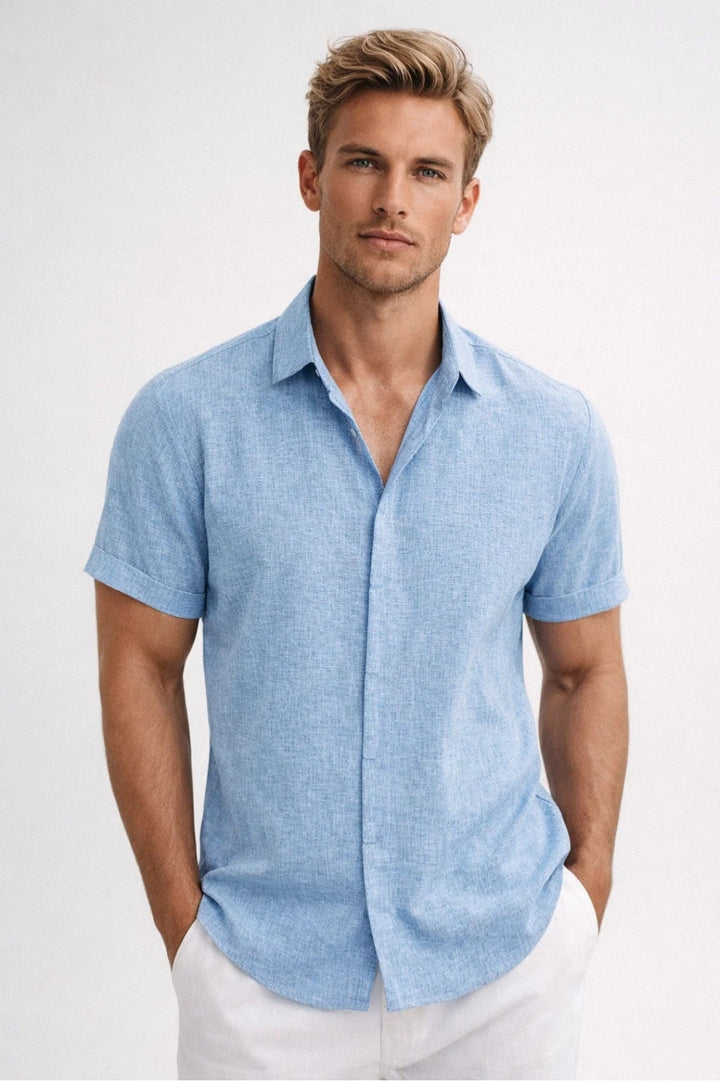 Men's Short Sleeve Shirt - Loose Fit - Sage Green Casual Button-Up