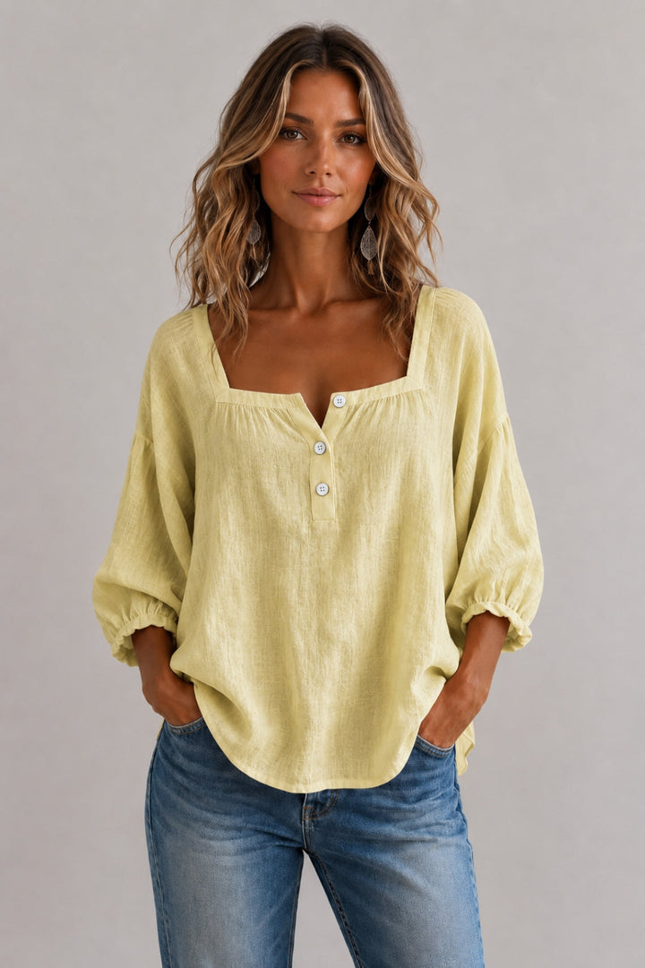 Women's loose-fit blouse | Square collar, puff sleeves, front buttons, linen-look fabric