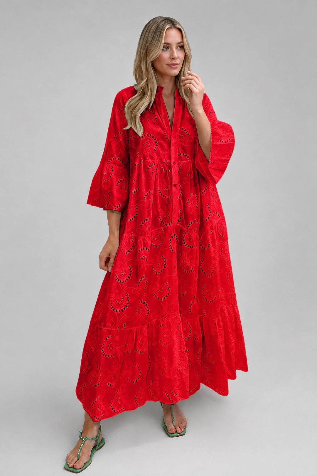 Women's Boho Summer Maxi Dress – Loose Fit, Crochet Embroidery, Button V-Neck