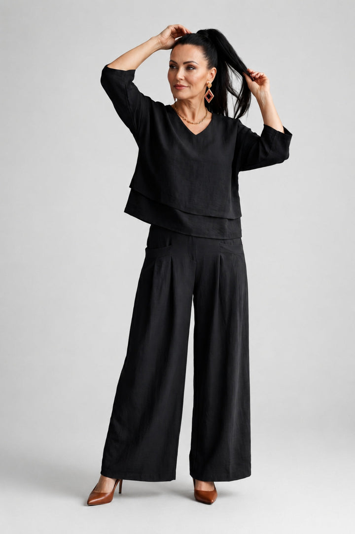 Linen Set Women Elegant – Layered V-Neck Top & Wide-Leg Trousers