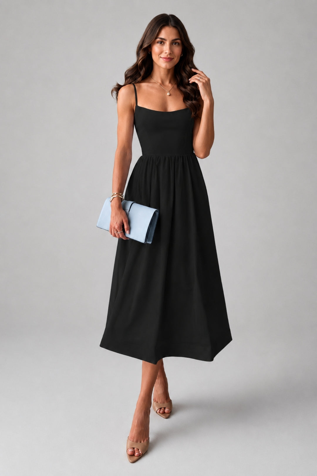 Stylish women's dress with a flared cut | Sky-blue midi dress with thin straps