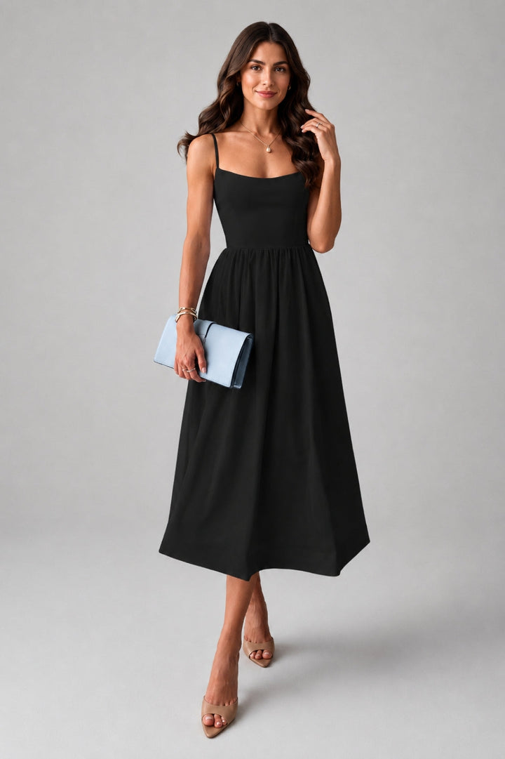 Stylish women's dress with a flared cut | Sky-blue midi dress with thin straps