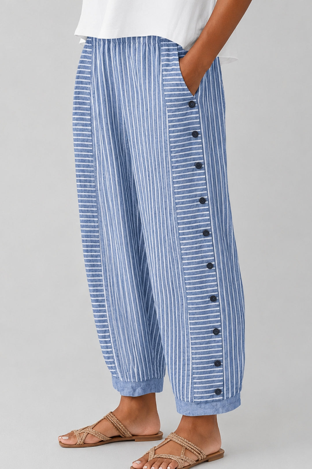 Women's Striped Linen Pants | Flowy Fit, Side Button Detail