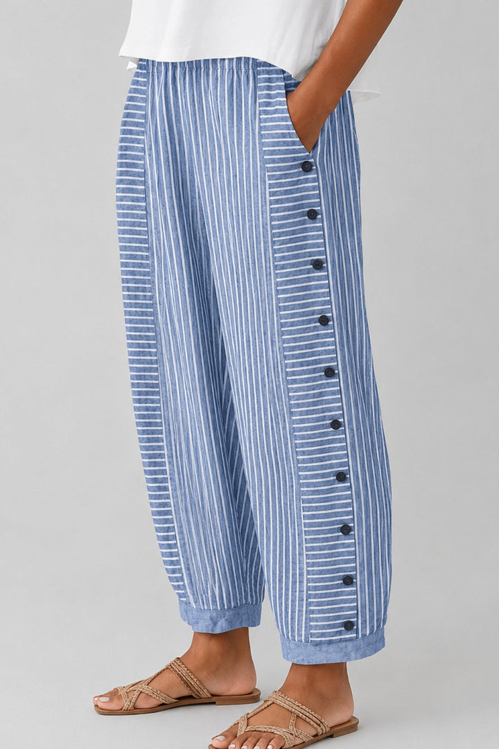 Women's Striped Linen Pants | Flowy Fit, Side Button Detail