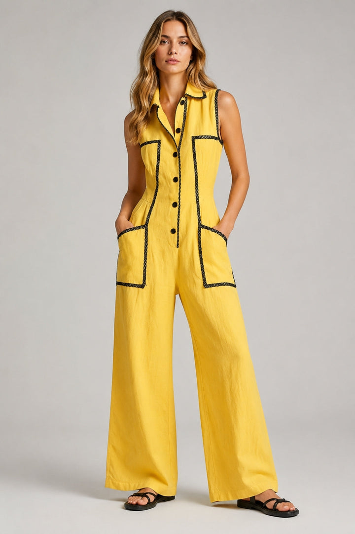 Linen Jumpsuit Women Sleeveless – Button Placket & Cargo Pockets