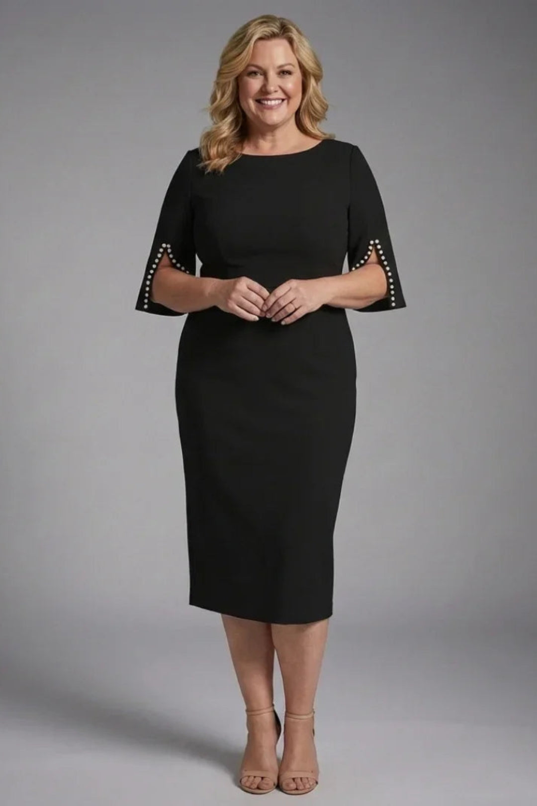 Women's Fitted Wedding Guest Dress - Black Midi with Flared Sleeves & Beaded Detail