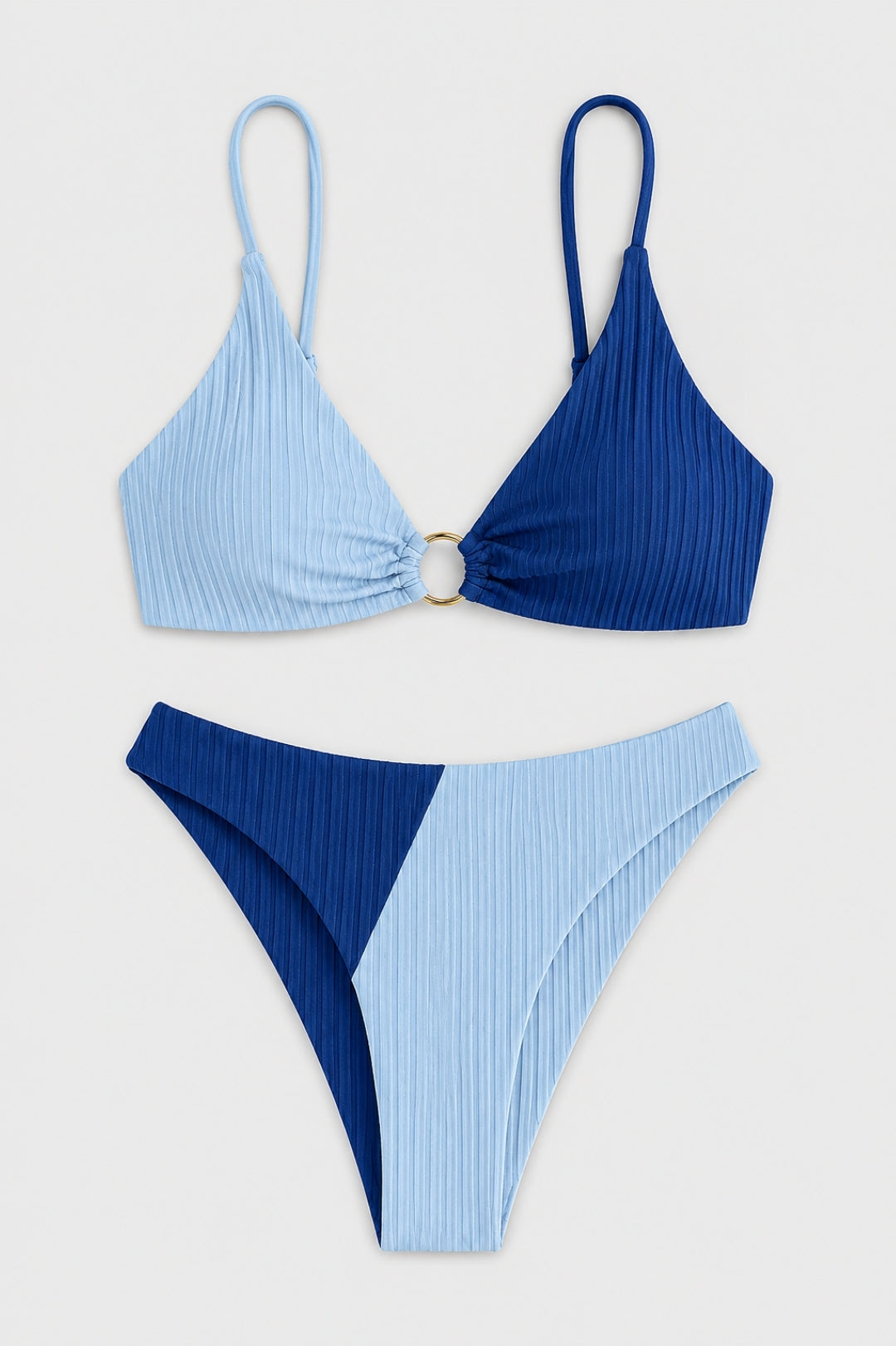 Trendy, figure-hugging women's bikini | Color-block swimsuit in beige and brown with a ring on the front