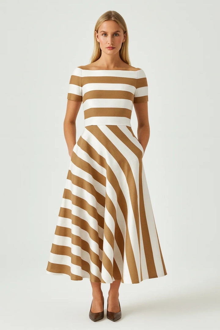 Women’s Midi Dress | Striped & Short Sleeves | Navy Blue & White