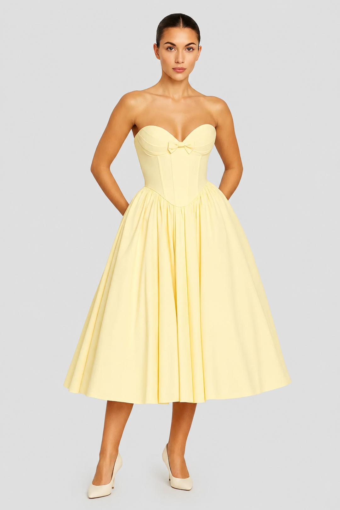 Women's midi dress with a flared cut | Bustier with a bow, strapless, chic style for festive occasions
