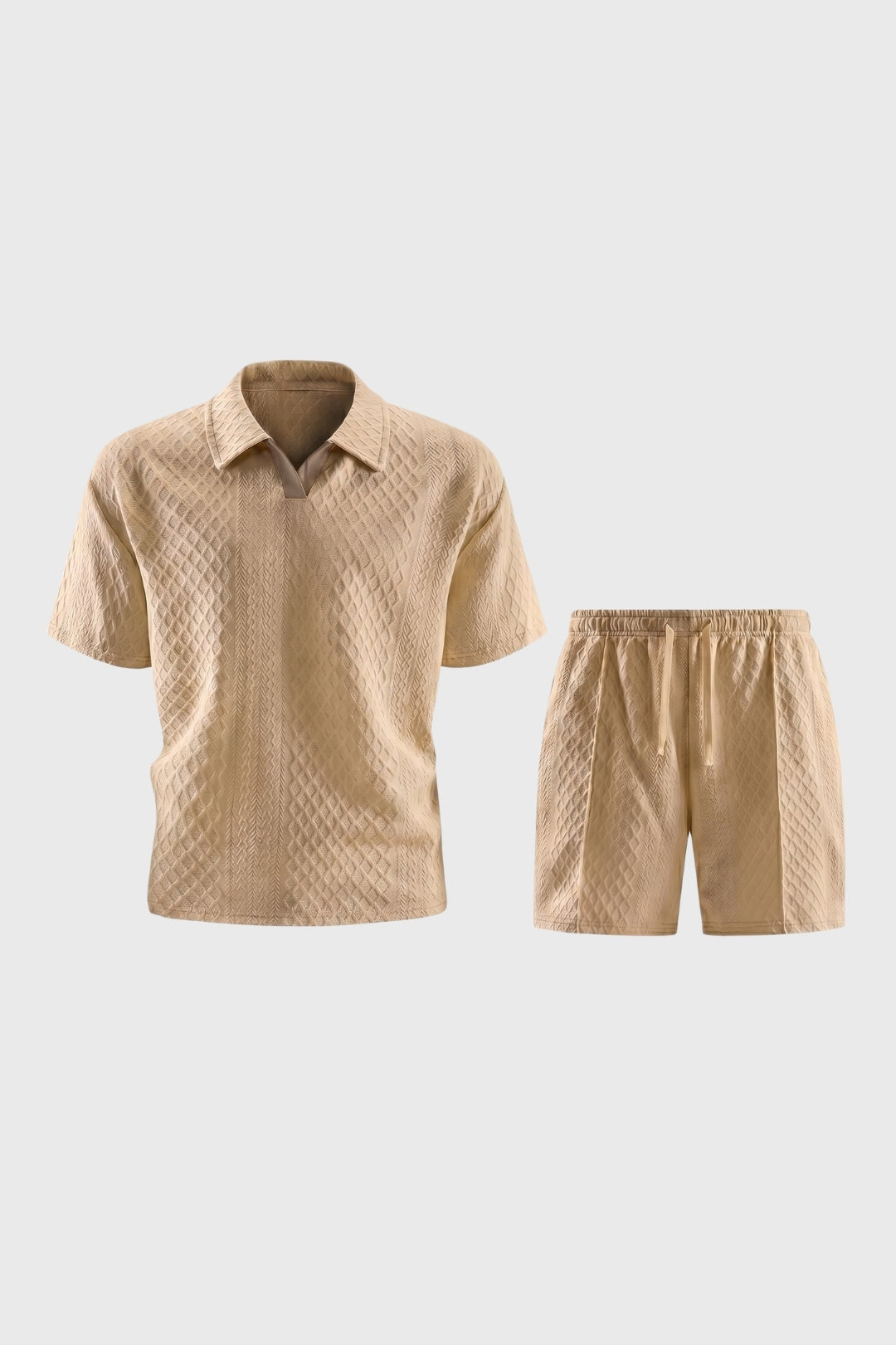 Men's 2 Piece Set - Textured Short Sleeve Polo Shirt & Matching Shorts - Casual Chic Outfit