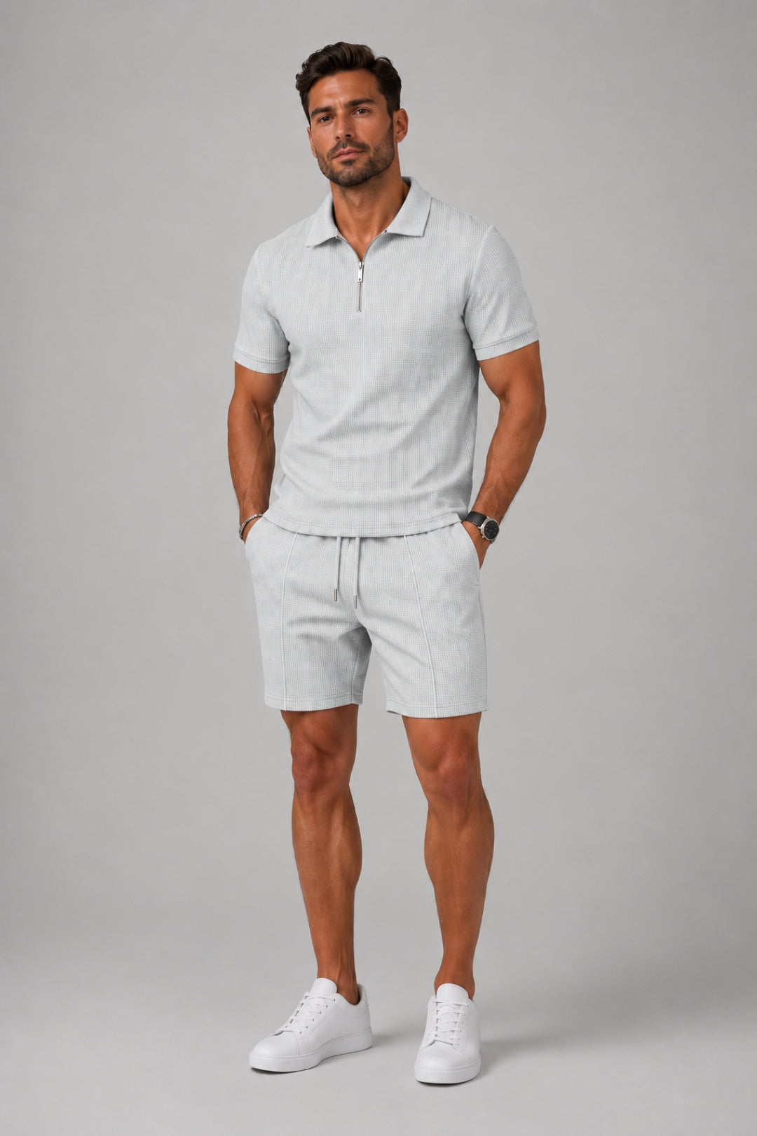 Men's 2 Piece Set - Tailored Fit Zip-Up Polo Shirt & Textured Matching Shorts