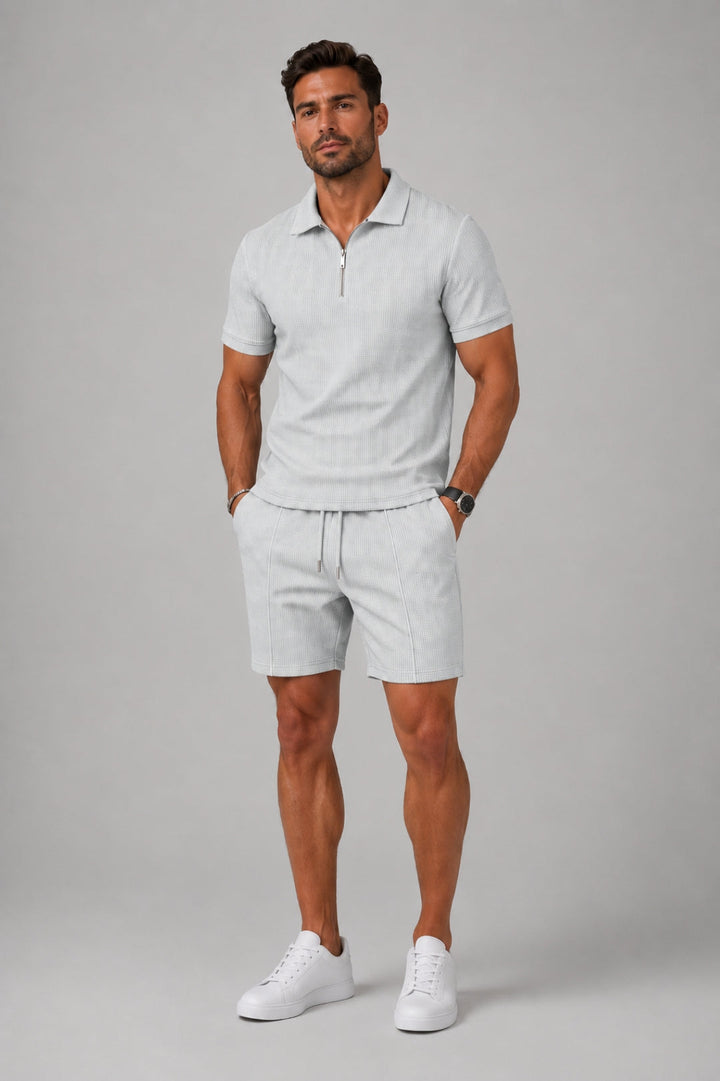 Men's 2 Piece Set - Tailored Fit Zip-Up Polo Shirt & Textured Matching Shorts